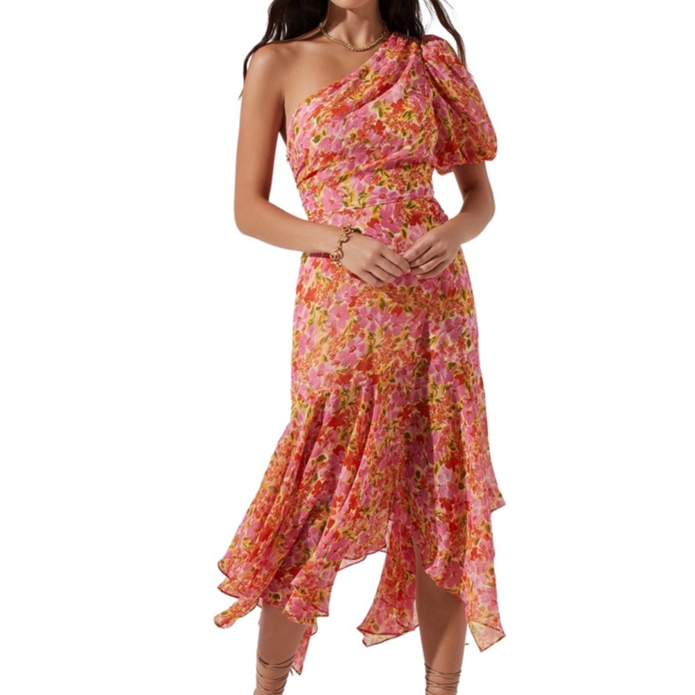 Astr Floral One-Shoulder Midi Dress - Pink and Orange